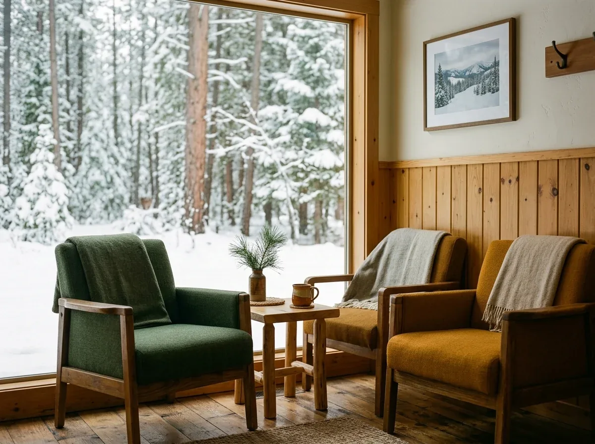 Cozy armchairs and a small wooden table beside a large window overlooking a snowy pine forest.
